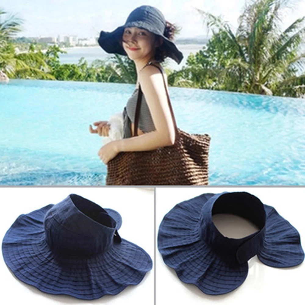 шапка жени летни шапки за жени момичета сгъваема плажна шапка за слънце конска опашка капачка широка периферия преносими анти-UV ваканционни аксесоари за пътуване