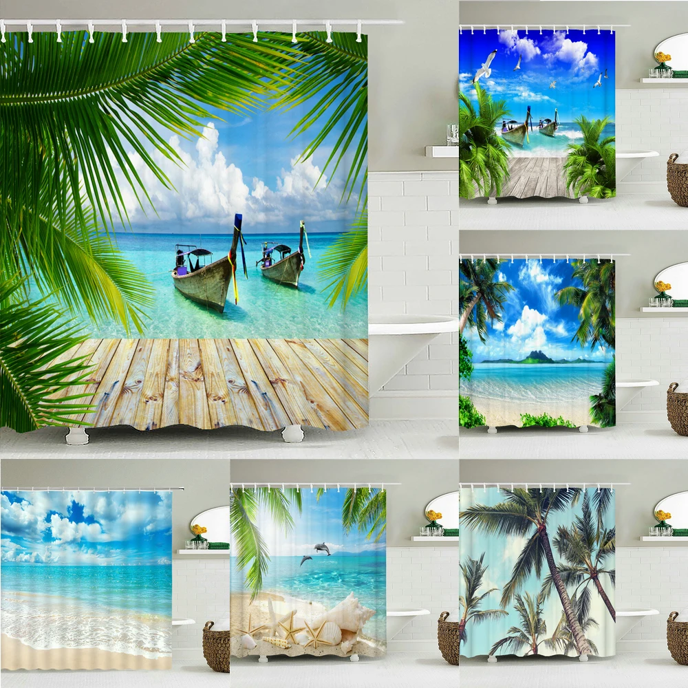 Spiaggia mare palma paesaggio tenda da doccia impermeabile decorazione della casa da bagno waterable