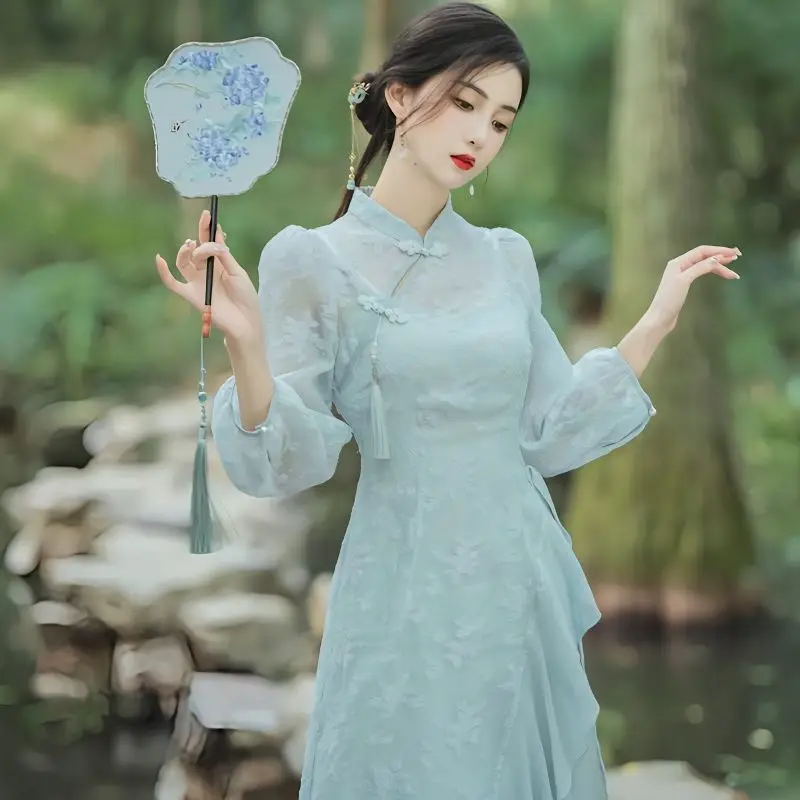 2023 Пролет Есен Дамски ретро Cheongsam китайска рокля модифицирана Qipao Фееричен темперамент от две части Нежен и елегантен Чи-пао