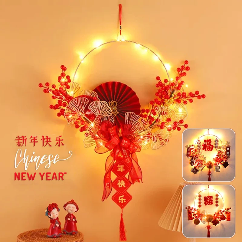 2023 Китайска новогодишна украса Висулки LED светлина пролетен фестивал венец висулка врата стена висящи FU Бери Почетна Китайски възел