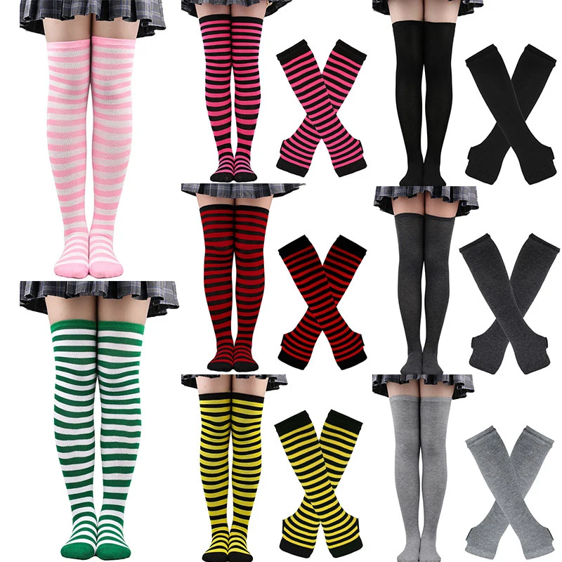1 комплект жени момичета над коляното дълга ивица отпечатани бедрото високи памучни чорапи ръка ръкав ръкавици сладък сладък overknee чорапи Хелоуин
