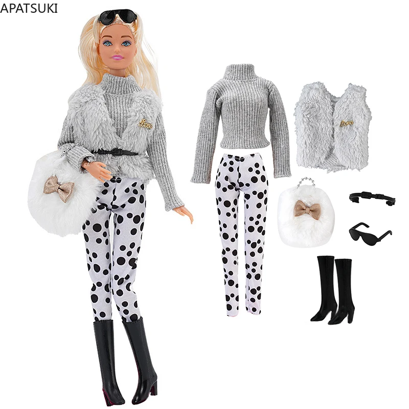 Сива кожена жилетка Палто комплект за кукла Барби тоалети мода висок пуловер панталони колан обувки чанта слънчеви очила за Барби 1/6 аксесоари