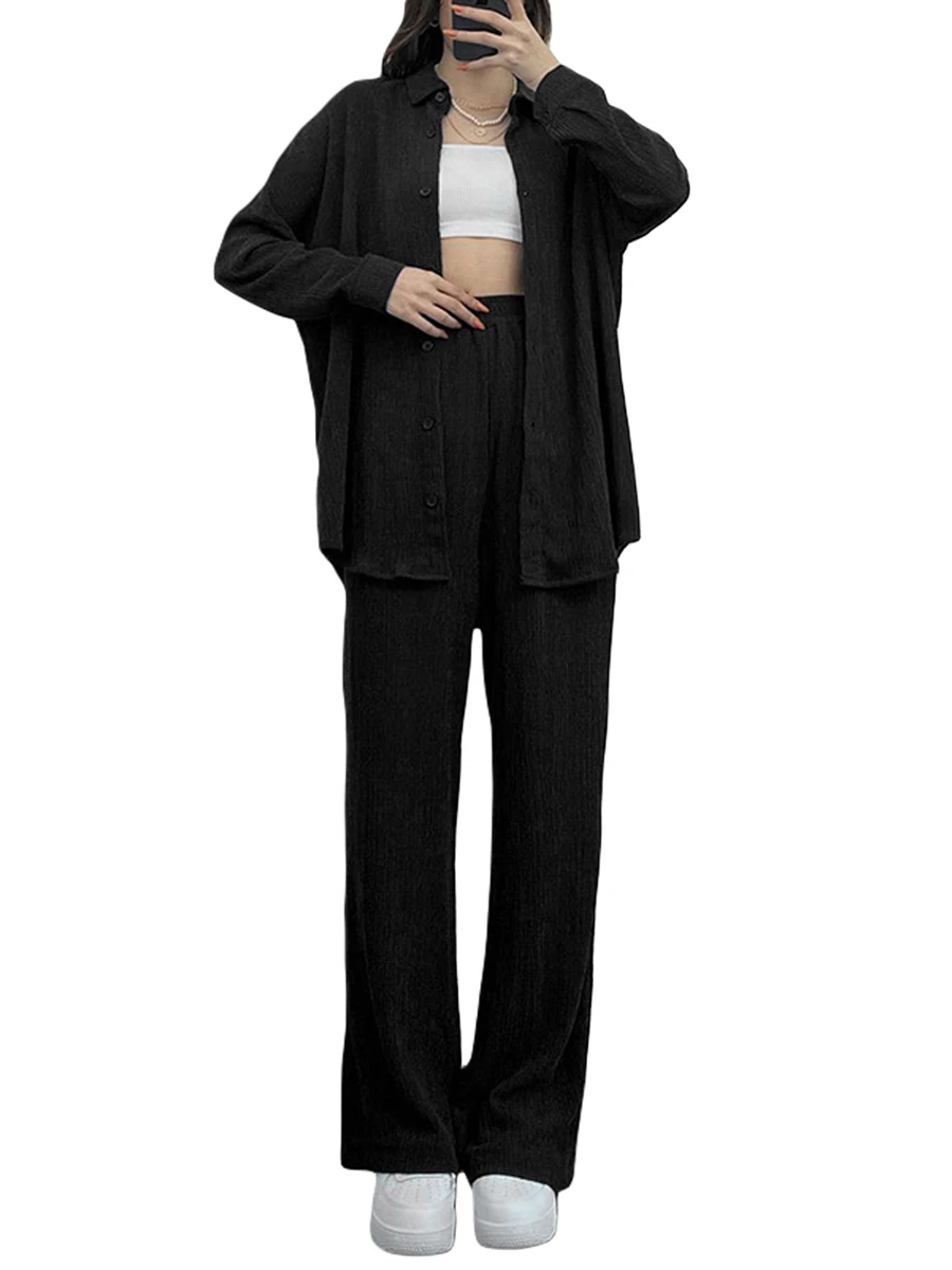 Casual дамски дълъг ръкав бутон надолу ревера риза и широк крак панталони комплект стилен фоайе анцуг