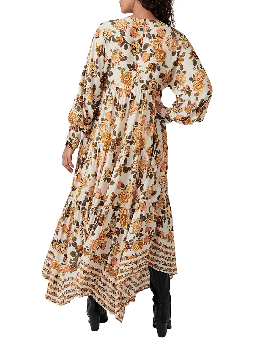 Жените бохемски цветен печат Макси рокля реколта попадат хлабав дълъг ръкав v-образно деколте люлка рокля Flowy плаж дълга рокля