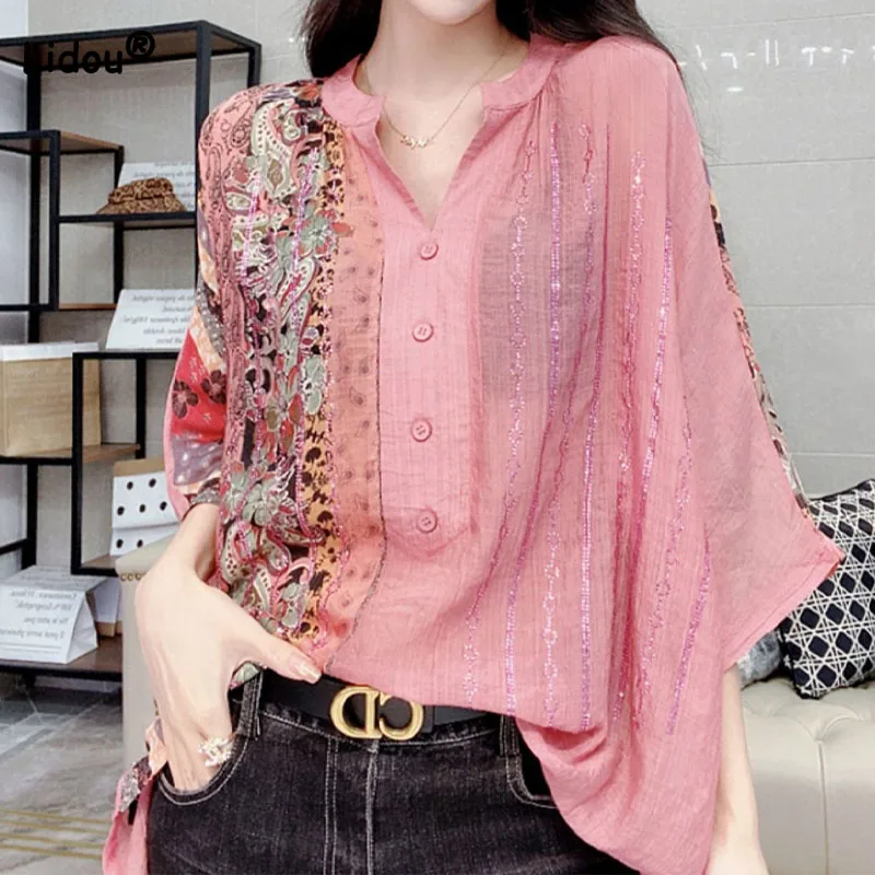темперамент мода женски печатни 3/4 ръкав риза лято корейски хлабав бутон снаждане v-образно деколте случайни блуза дамско облекло