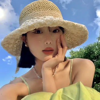 Корейски дантела лък сладка сламена шапка жените лято дишаща голяма периферия сенник слънцезащитни шапки морски плаж сгъваема шапка за слънце Mujer